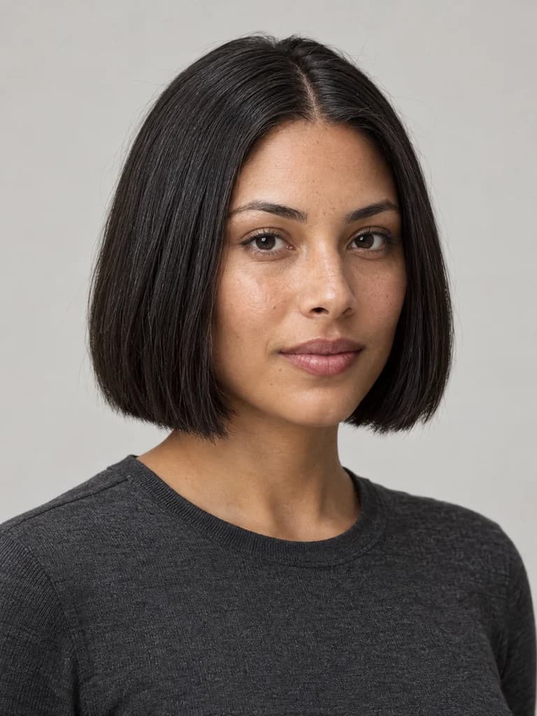 AI illustration of blunt bob: A chin-length outline with a clean, substantial perimeter.