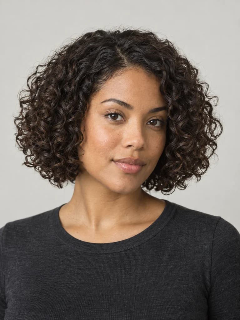 AI illustration of curly bob: Jaw-length curls forming a softly rounded bob.