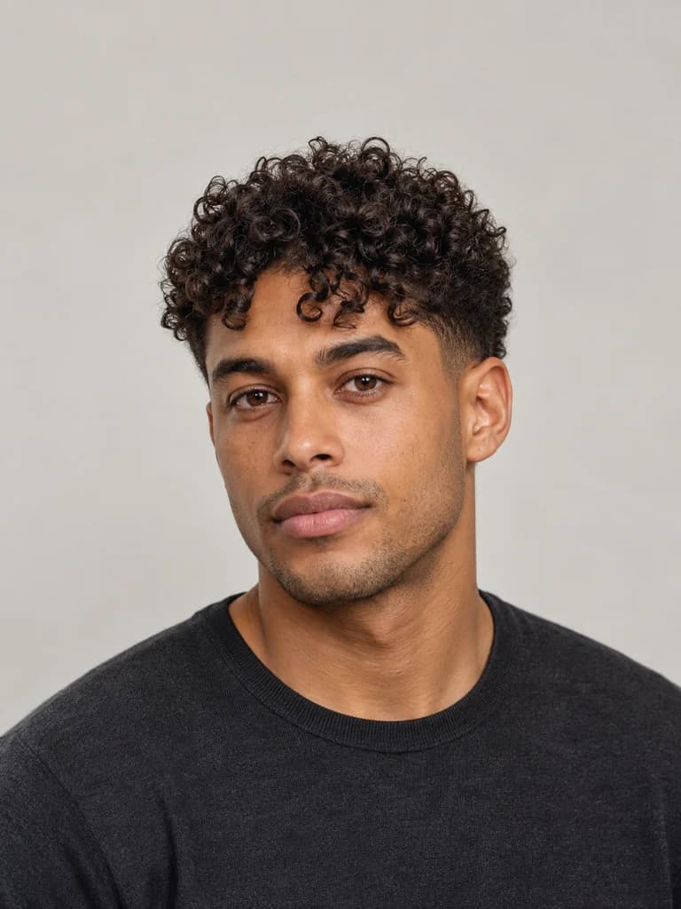 AI illustration of curly fringe: Curls falling forward over a softly tapered outline.