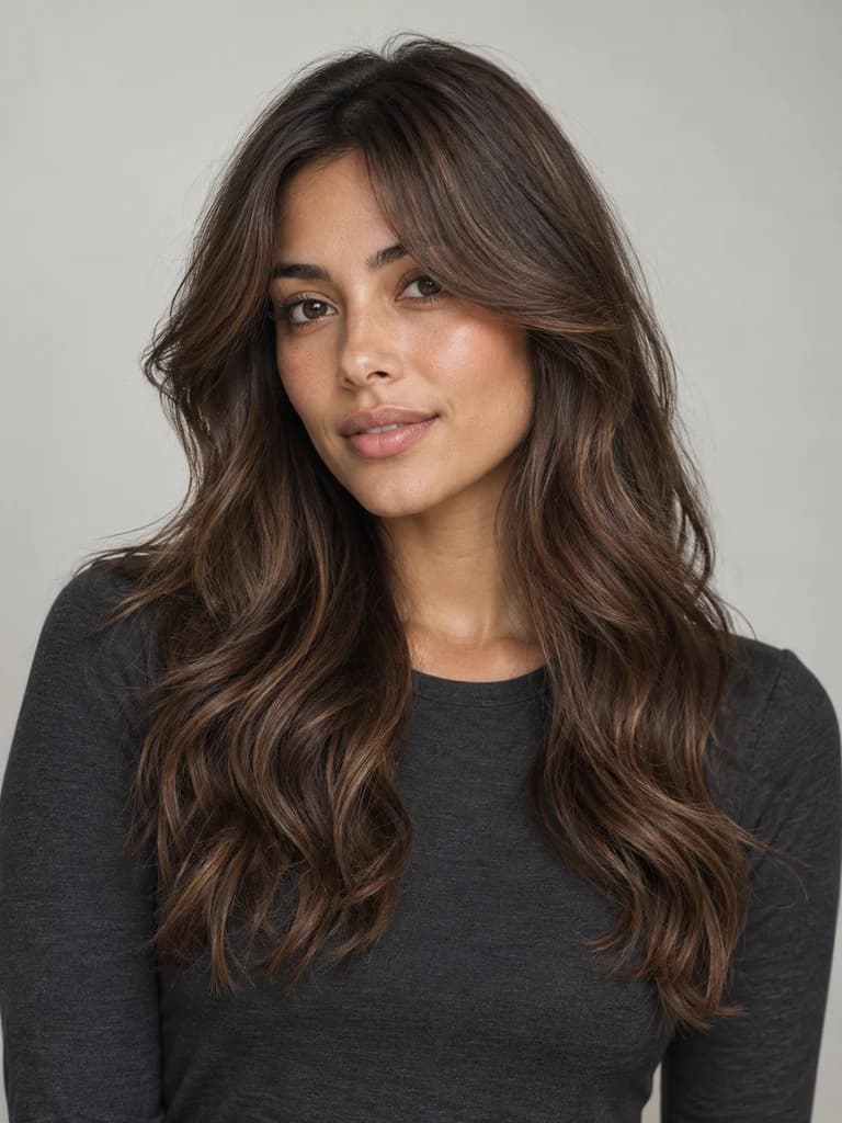 AI illustration of curtain layers: Long layers with a parted fringe opening around the face.