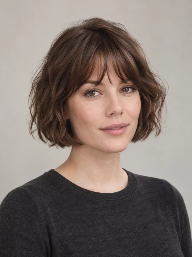AI illustration of french bob: A short cheek-to-jaw bob paired with a soft fringe.