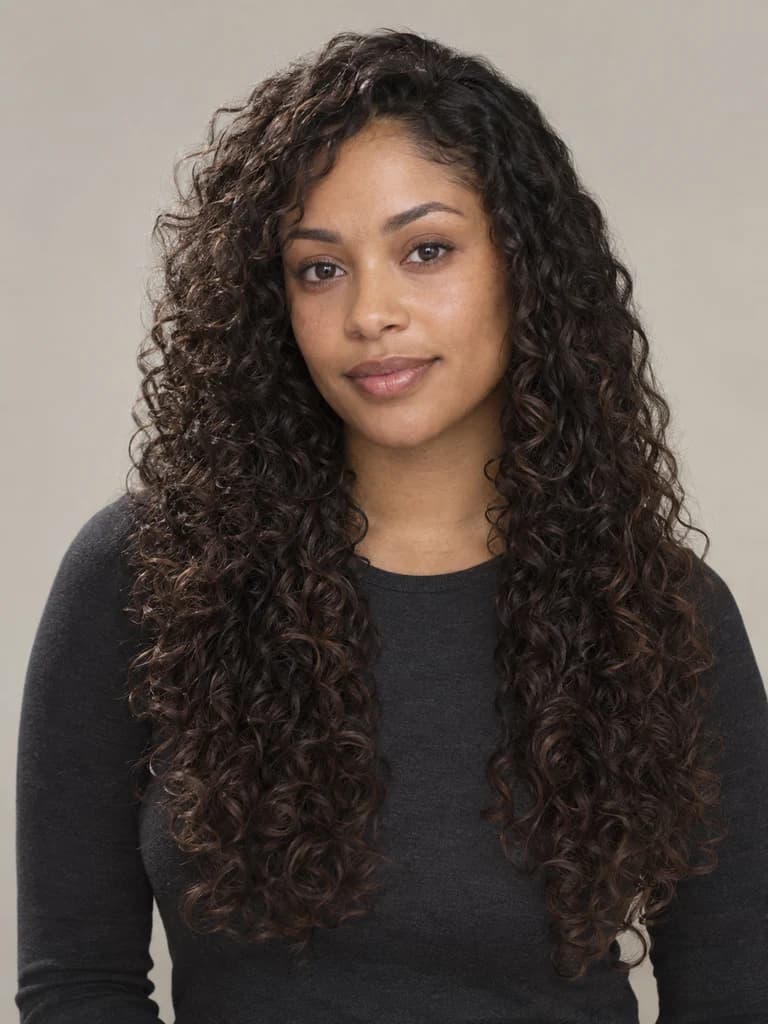 AI illustration of long curl layers: Long curls falling past the shoulders with connected layers.