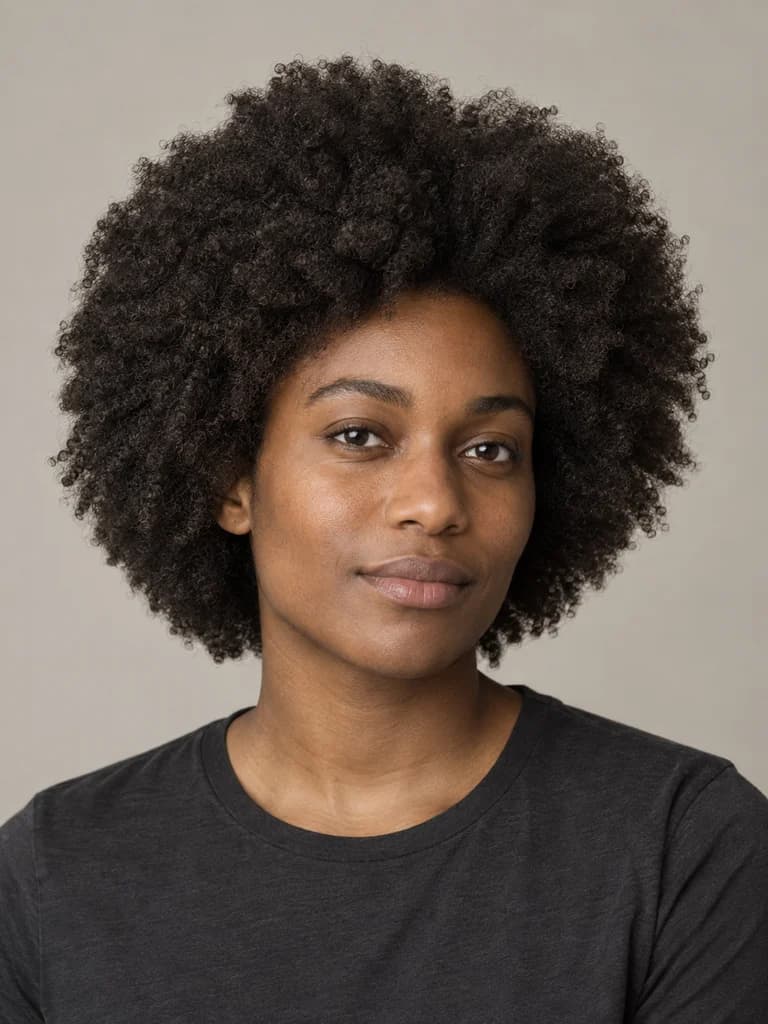AI illustration of rounded afro: A rounded halo with an even, sculpted coily silhouette.