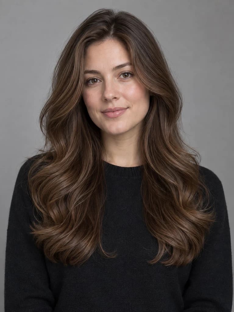 AI illustration of soft blowout: Long hair styled with airy root lift and softly curved ends.