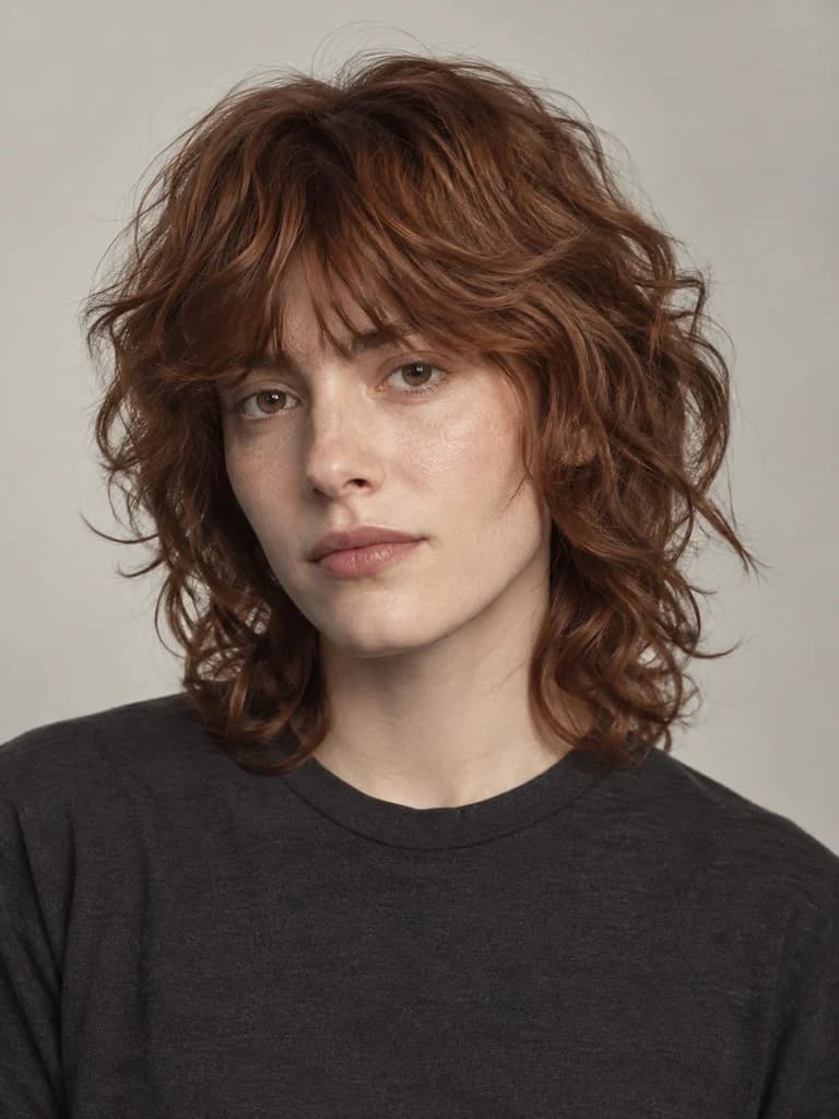AI illustration of soft shag: Neck-to-shoulder layers with a soft fringe and airy ends.